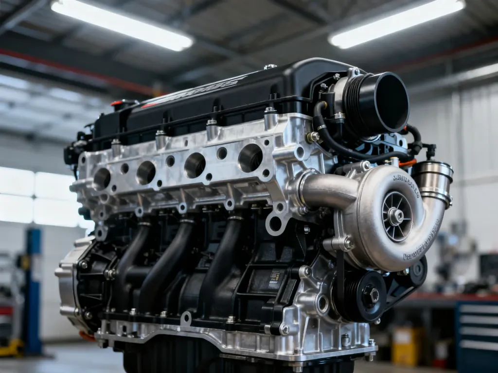 Zbliżenie na nowoczesny silnik TFSI z widocznymi detalami mechanicznymi w profesjonalnym warsztacie.