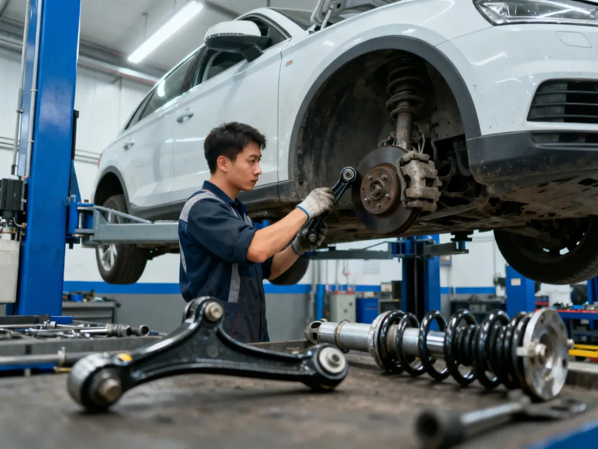 Mechanik sprawdzający i naprawiający zawieszenie samochodu na podnośniku