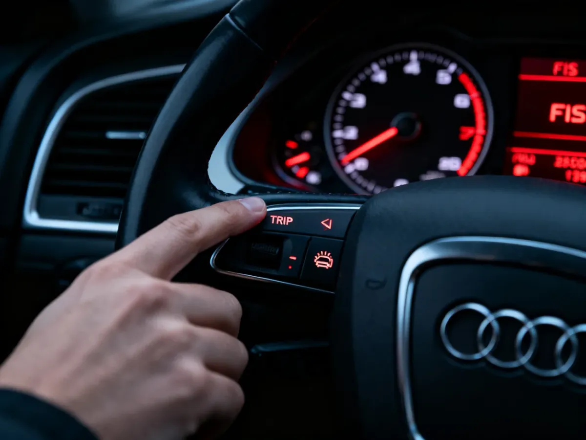 Przyciski starszej deski rozdzielczej Audi używane do resetowania komunikatu serwisowego