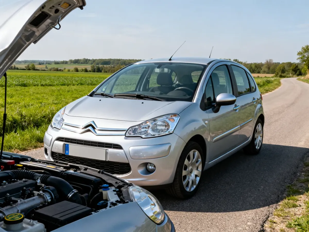 Zadbany Citroën C3 II z widocznym silnikiem wysokoprężnym na tle wiejskiej drogi