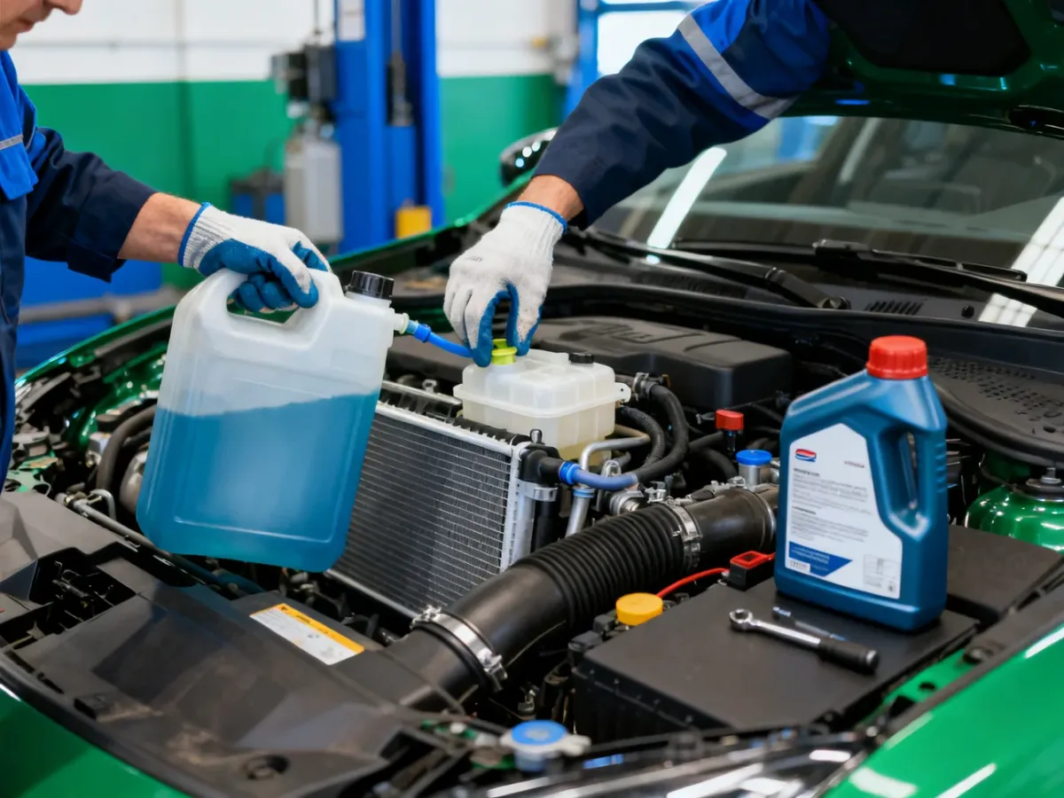 Mechanik sprawdza układ chłodzenia samochodu i poziom płynu chłodniczego