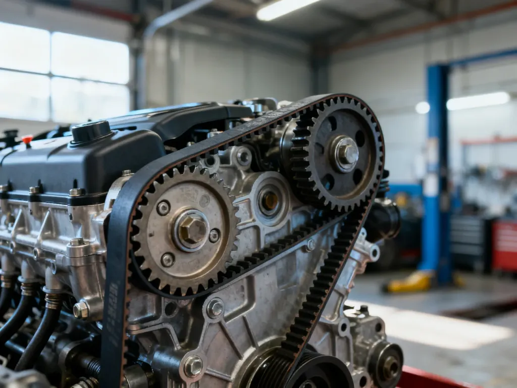 Zbliżenie na mechanizm rozrządu w nowoczesnym silniku 1.5 TSI w profesjonalnym warsztacie samochodowym.
