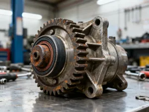 Mechanik trzymający w dłoniach zdemontowany alternator na uporządkowanym warsztacie samochodowym.
