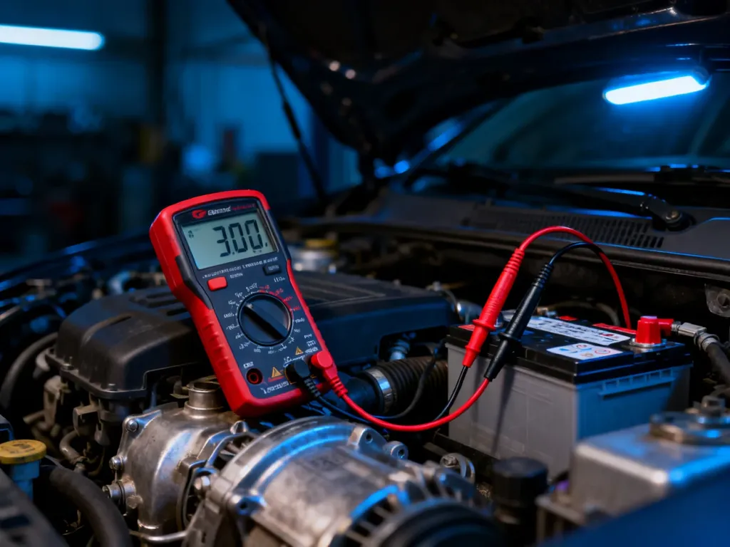 Multimetr podłączony do akumulatora samochodowego, mierzący pobór prądu w celu diagnozy usterki elektrycznej.