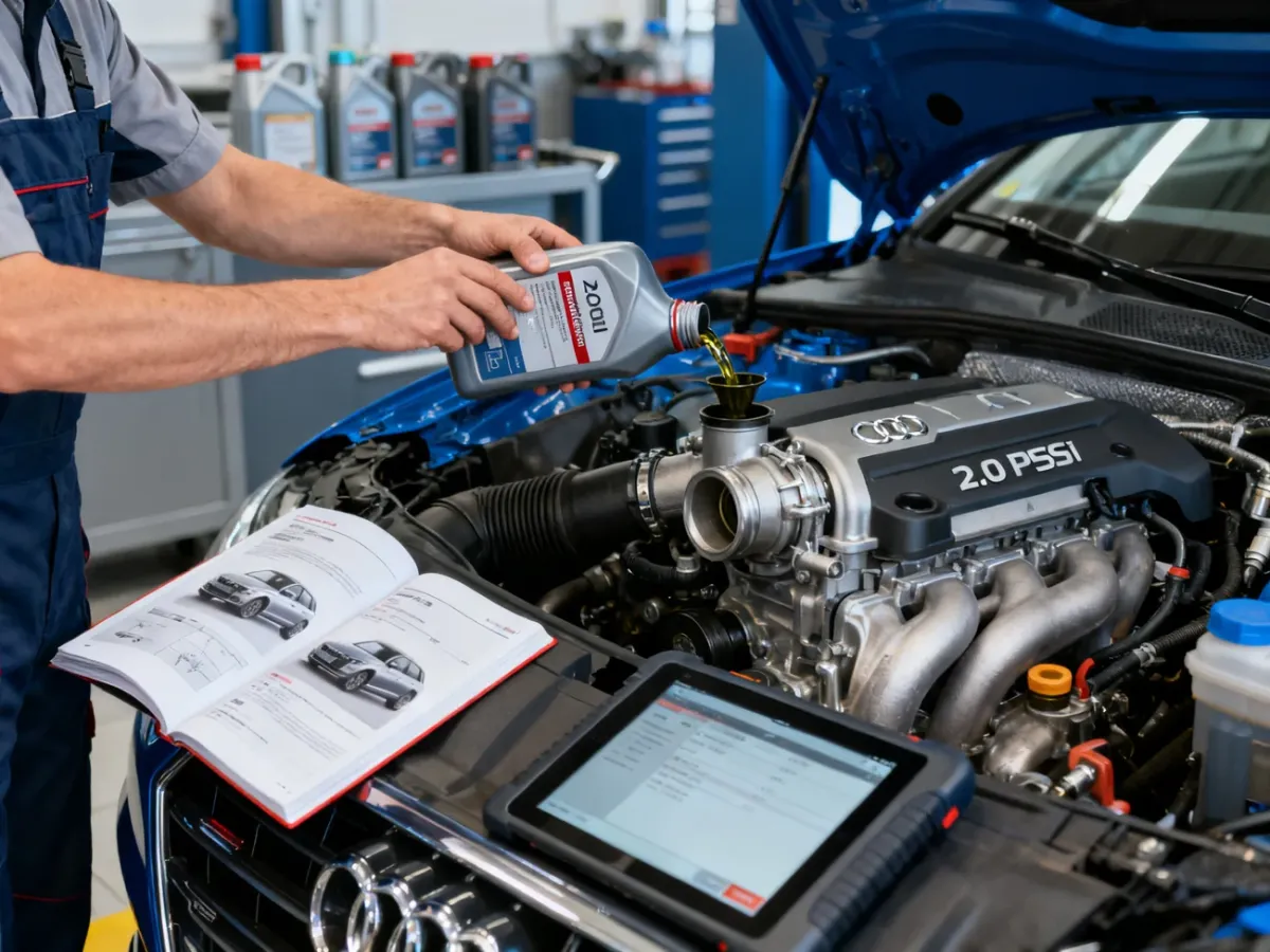 Mechanik weryfikujący wymagania dotyczące oleju dla silnika 2.0 TFSI