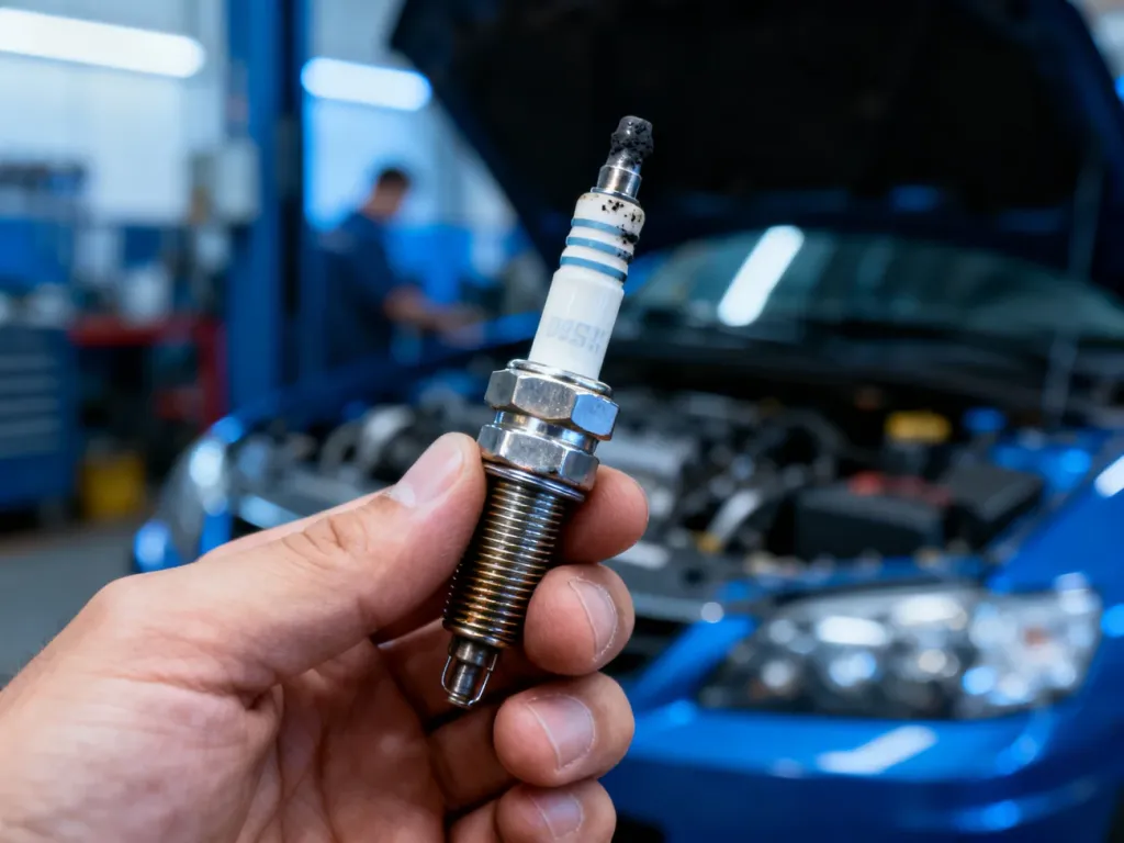 Mechanik trzyma w dłoni zużytą świecę zapłonową z widocznym osadem węglowym na elektrodzie.