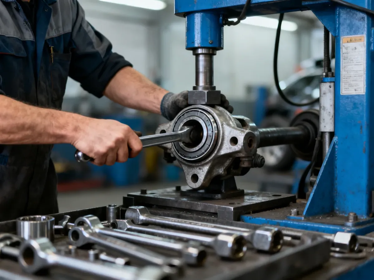 Mechanik montujący łożysko koła przy użyciu prasy hydraulicznej