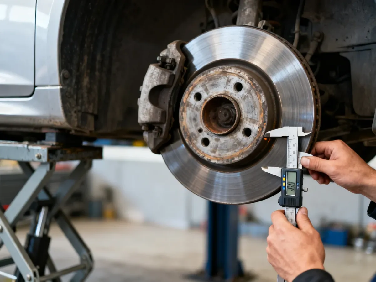 Mechanik mierzący suwmiarką grubość zużytej tarczy hamulcowej