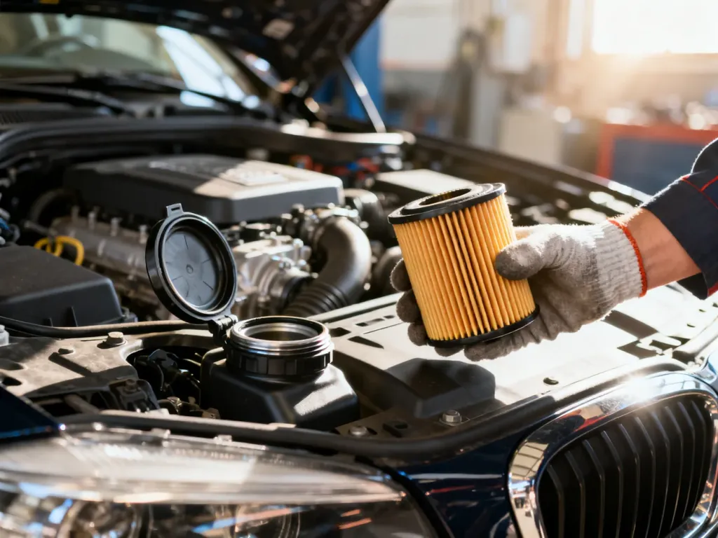 Mechanik w rękawiczkach trzyma nowy filtr oleju przy otwartym silniku samochodu podczas wymiany eksploatacyjnej.