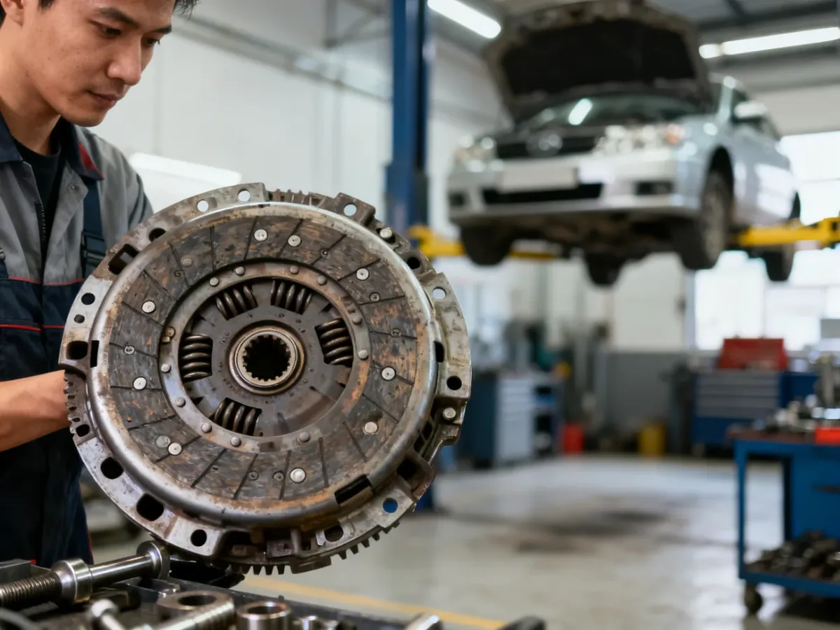 Mechanik oglądający zużyte koło dwumasowe i sprzęgło w warsztacie samochodowym