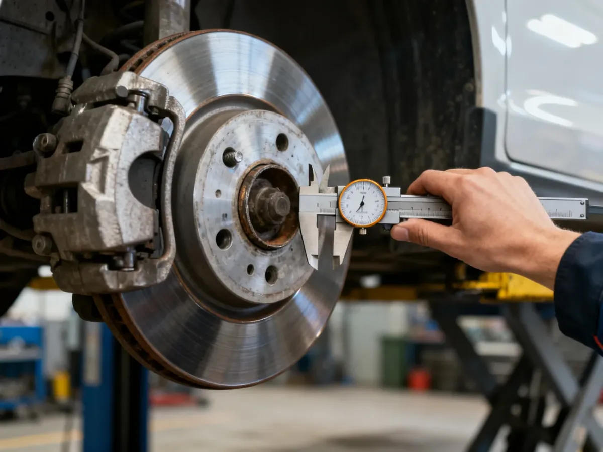 Mechanik mierzący grubość tarczy hamulcowej suwmiarką