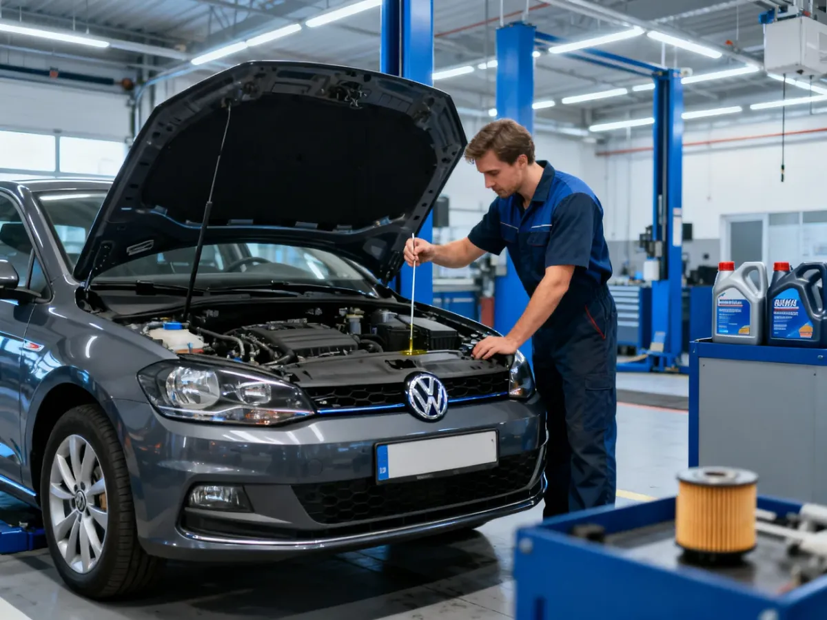 Mechanik sprawdza poziom oleju w silniku samochodu podczas serwisu