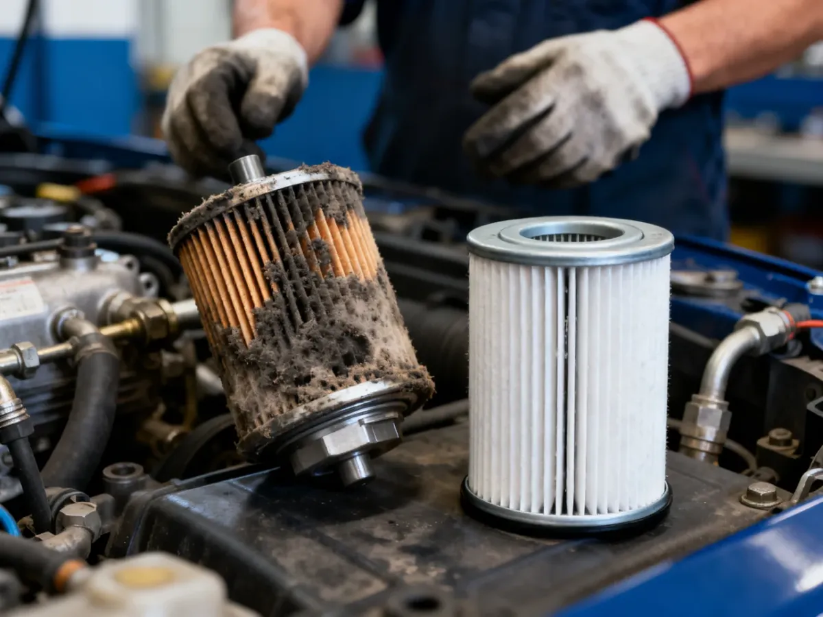 Mechanic inspecting a clogged diesel fuel filter beside a new replacement filter