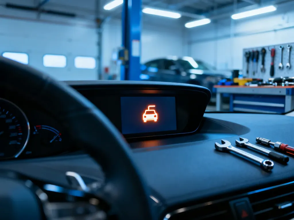Deska rozdzielcza nowoczesnego samochodu z podświetloną ikoną „check engine” na tle profesjonalnego warsztatu mechanicznego.