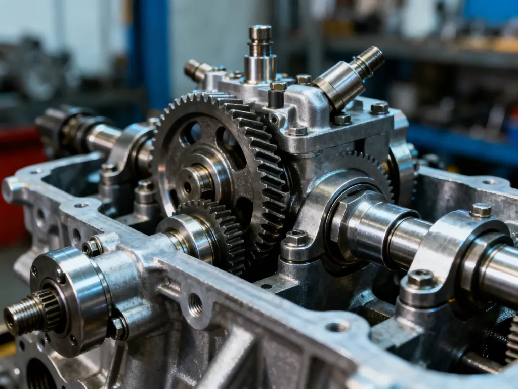 Zbliżenie na mechanizm pompy wtryskowej silnika Diesla z widocznymi detalami kół zębatych i zaworów.
