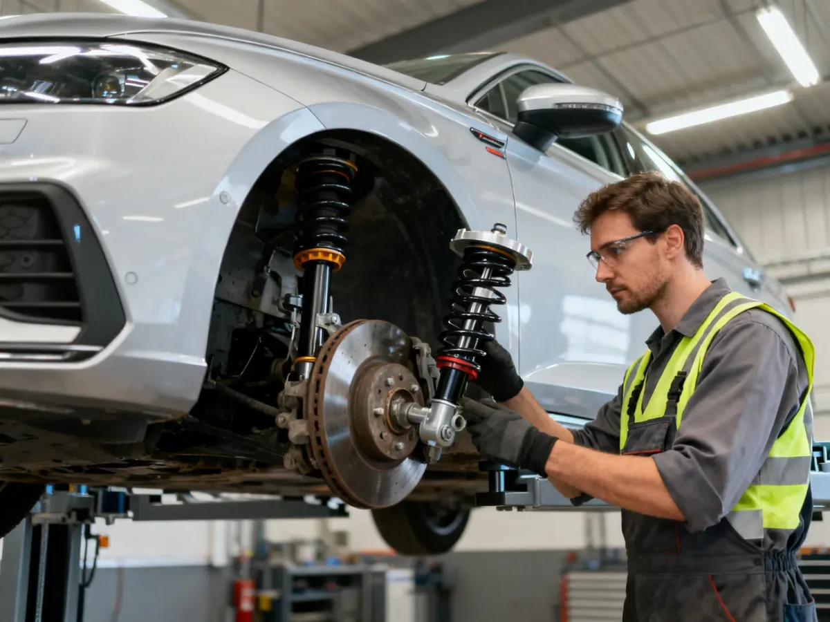 Mechanik bezpiecznie sprawdzający kolumnę McPhersona i elementy zawieszenia samochodu