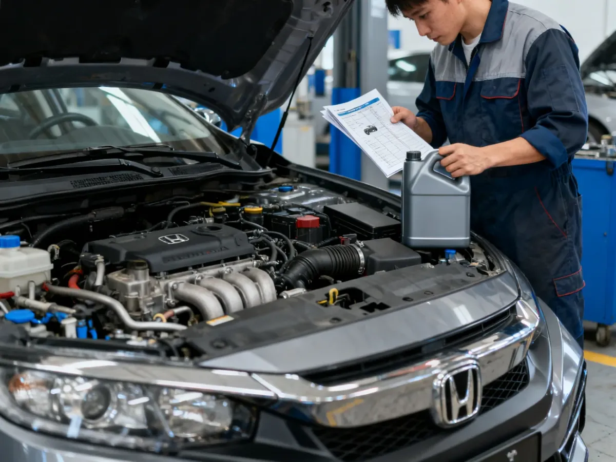 Mechanik sprawdza specyfikację oleju przy silniku Hondy Civic