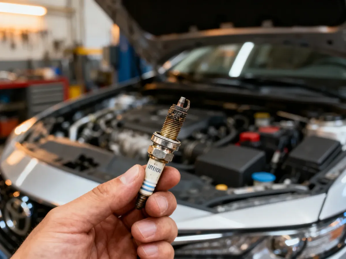 Mechanik oceniający zużytą świecę irydową przy otwartym silniku samochodu