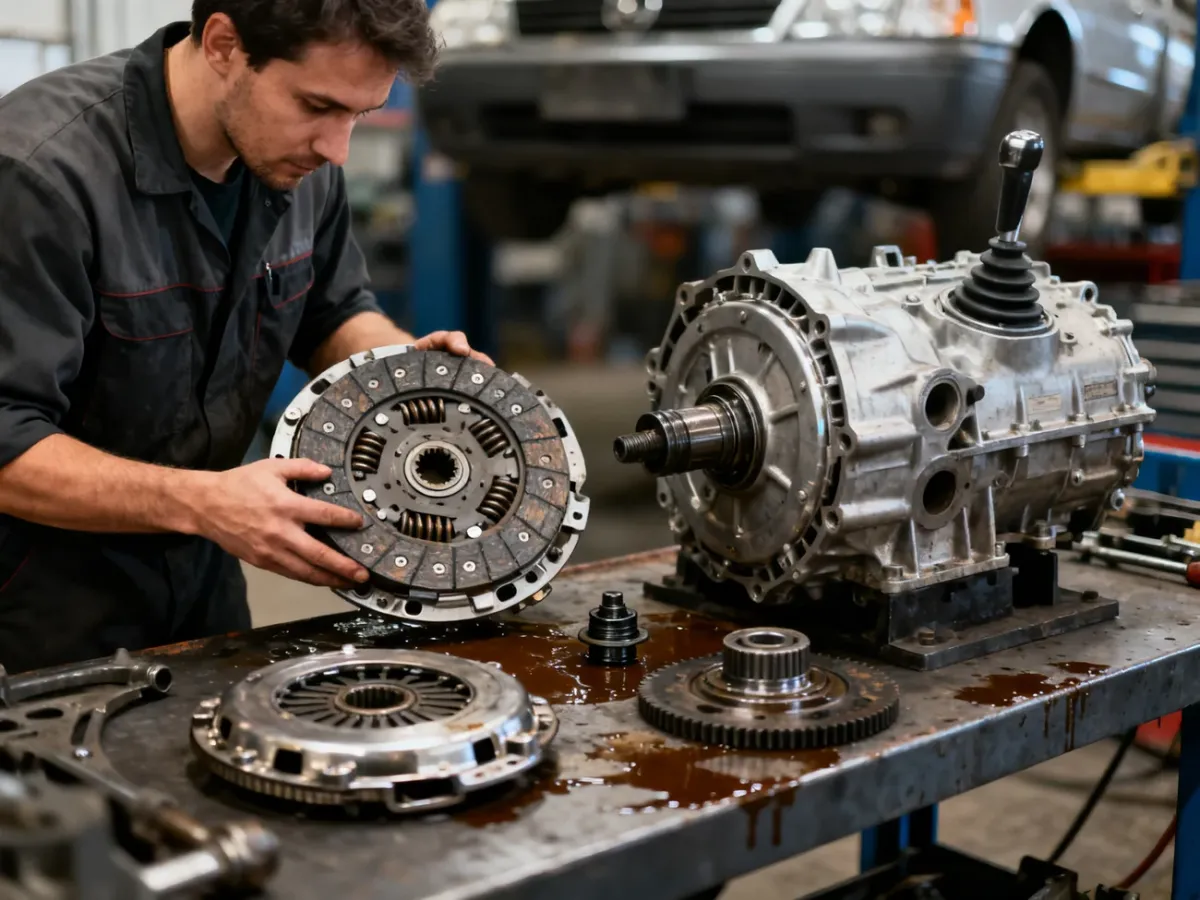 Mechanik sprawdzający zużyty zestaw sprzęgła obok manualnej skrzyni biegów