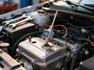 Czujnik NOx leżący na warsztatowym stole, z widoczną ceramiczną końcówką i obudową elektroniczną.
