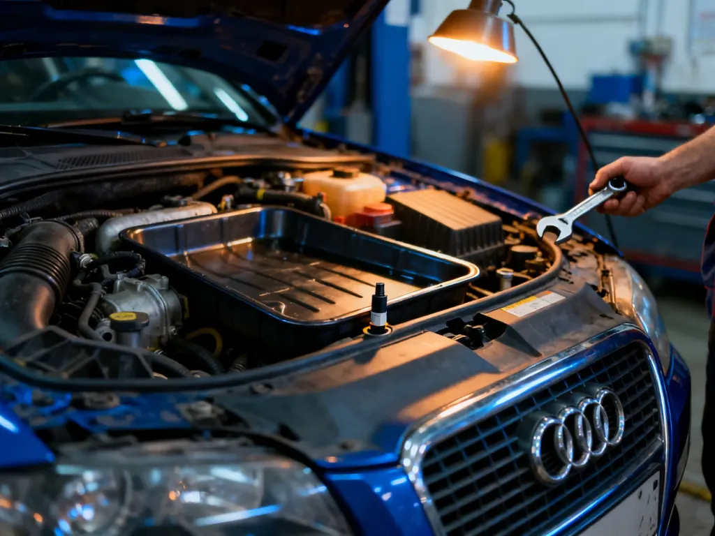 Mechanik z kluczem przy otwartej komorze silnika Audi A4 B6, wskazujący lokalizację czujnika poziomu oleju w misce olejowej.