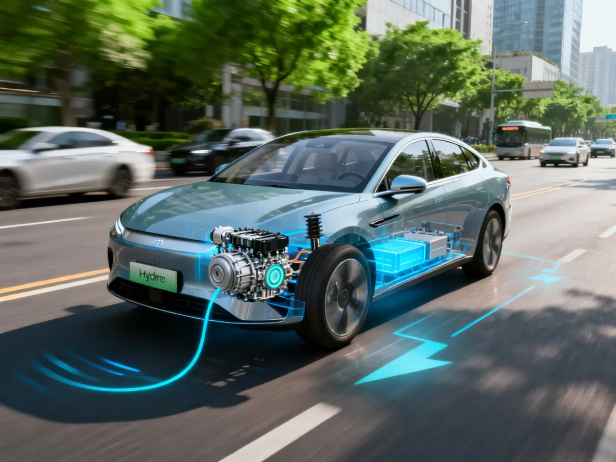 Samochód hybrydowy podczas jazdy w mieście z układem napędowym łączącym silnik elektryczny i spalinowy