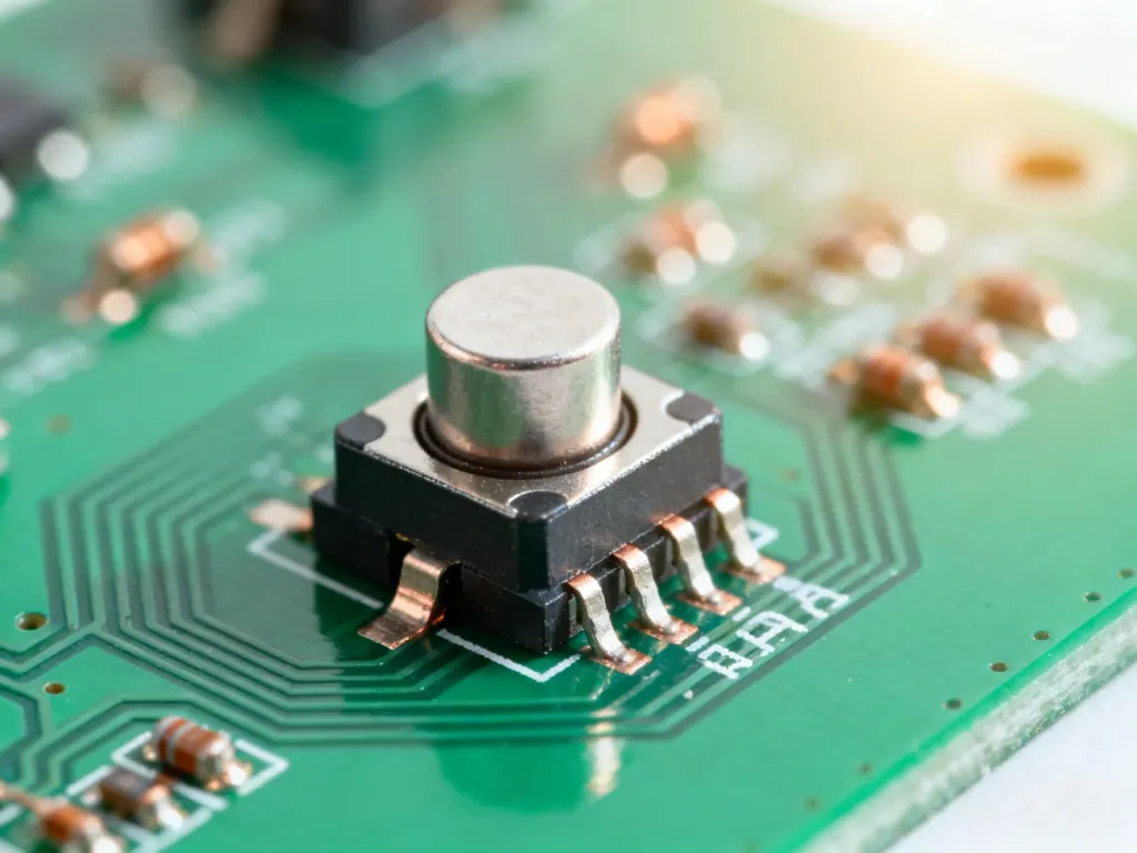 Profesjonalny czujnik Halla zamontowany na zielonej płytce drukowanej z widocznymi ścieżkami i elementami elektronicznymi.