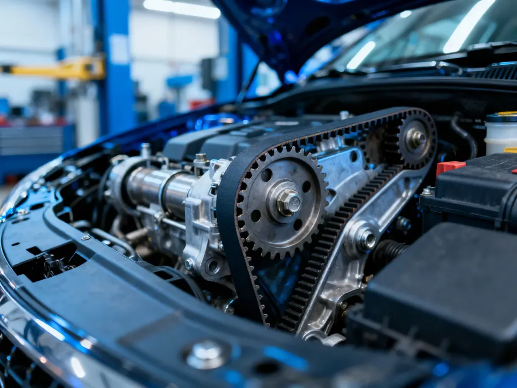 Zbliżenie na pasek rozrządu i elementy mechaniczne silnika 1.5 BlueHDi w profesjonalnym warsztacie samochodowym.