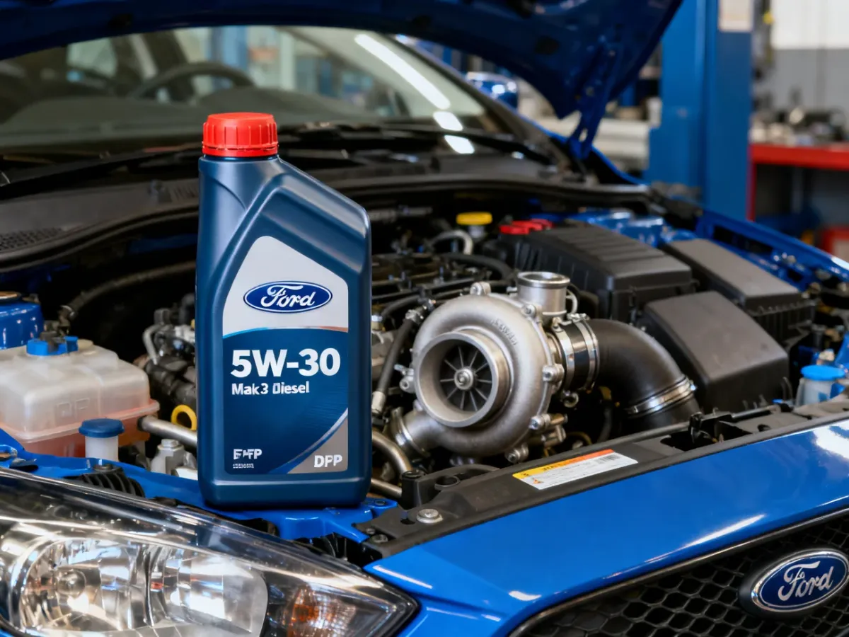 Olej 5W30 obok silnika Forda Focusa 1.6 TDCi w warsztacie