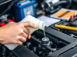 Nowy pasek rozrządu założony na metalowe koła zębate i rolkę napinającą w komorze silnika samochodu.