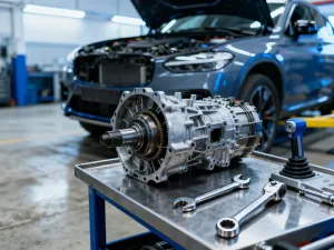 Mechanik w rękawicach otwiera obudowę filtra powietrza w komorze silnika samochodu.