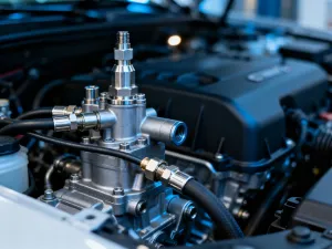 Dłoń mechanika trzymająca metalowe ogniwo łańcucha rozrządu na tle warsztatu samochodowego.