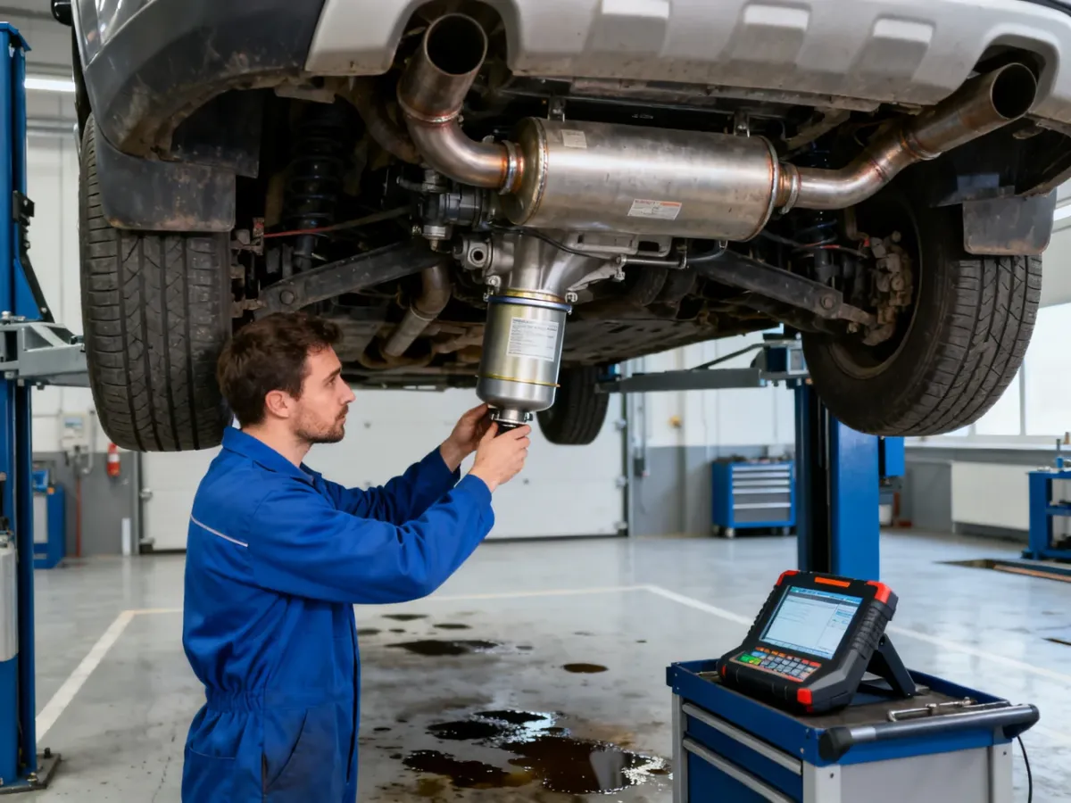 Mechanik sprawdza filtr DPF i układ wydechowy pod uniesionym samochodem