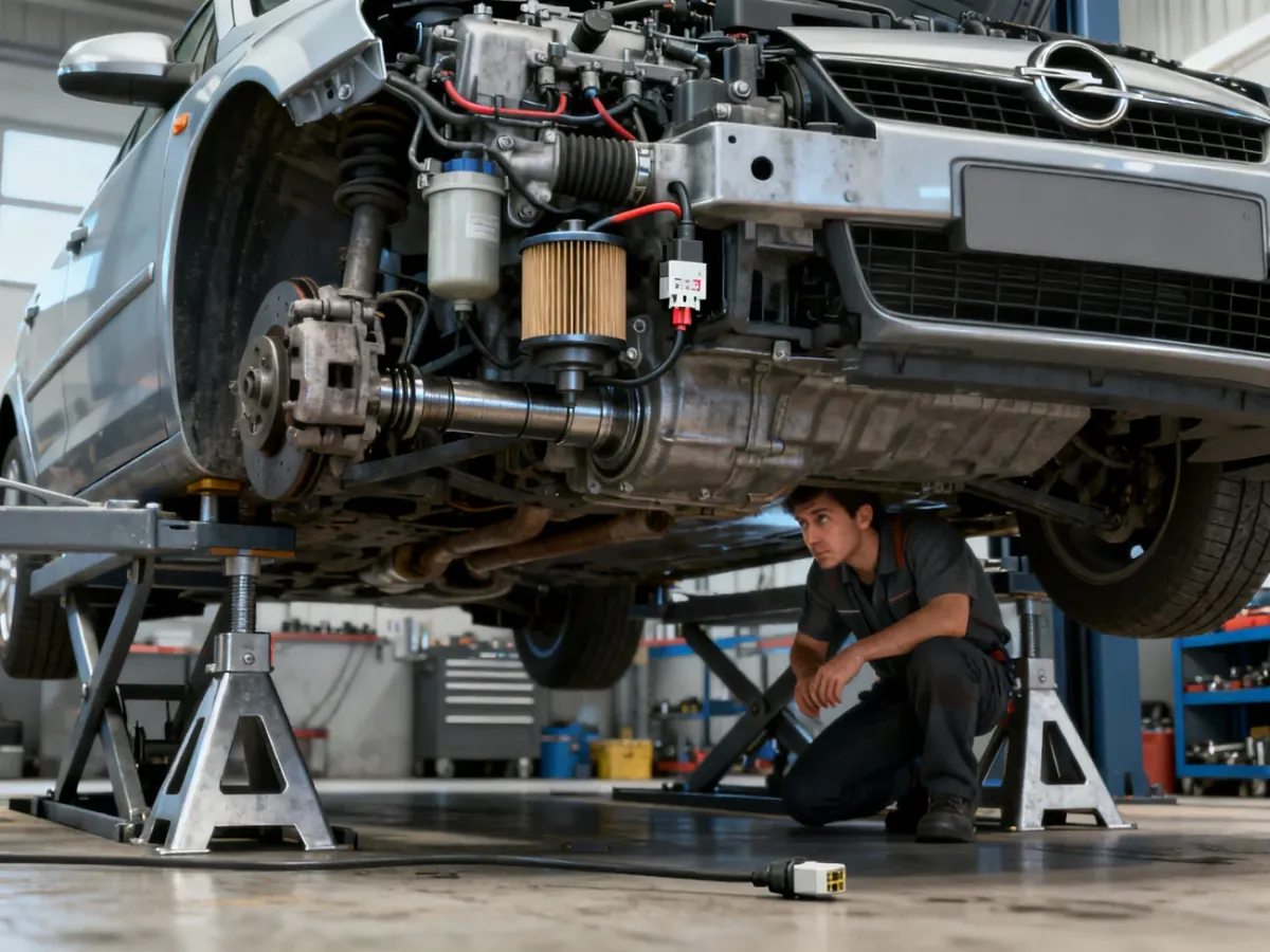 Mechanik oglądający czujnik położenia wału od spodu bezpiecznie podpartego Opla Astry