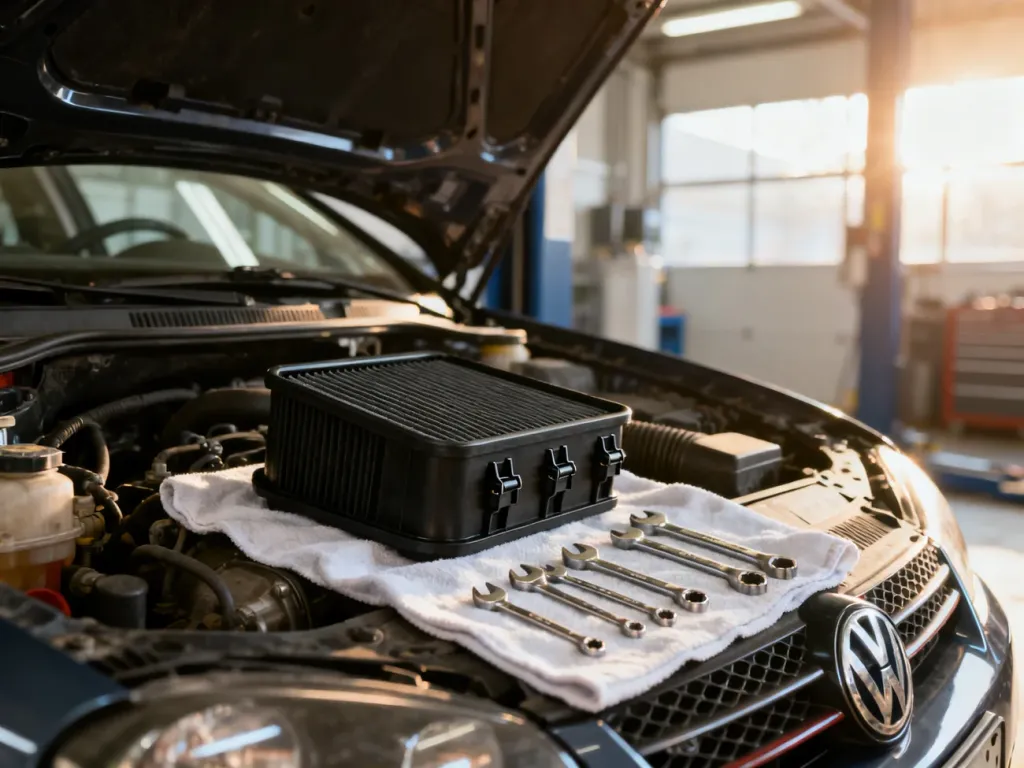 Otwarta maska Volkswagena Golfa IV z widoczną obudową filtra powietrza oraz przygotowanymi narzędziami mechanika.