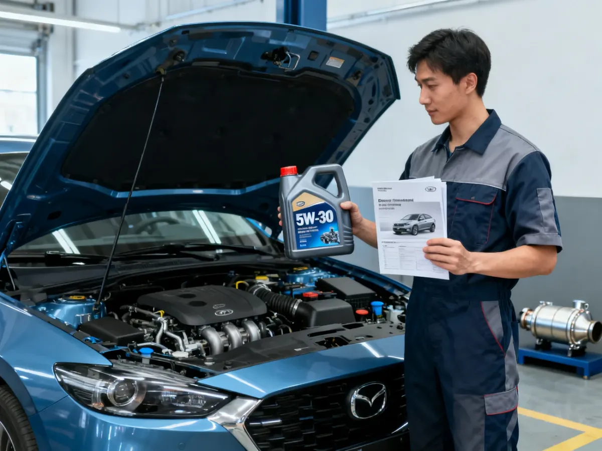 Mechanik porównujący olej 5W30 z instrukcją samochodu przy otwartej masce
