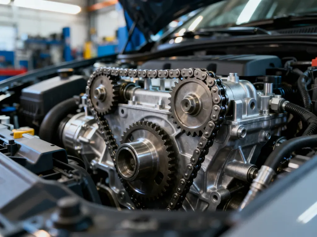 Zbliżenie na mechanizm łańcucha rozrządu w silniku samochodowym w profesjonalnym warsztacie.