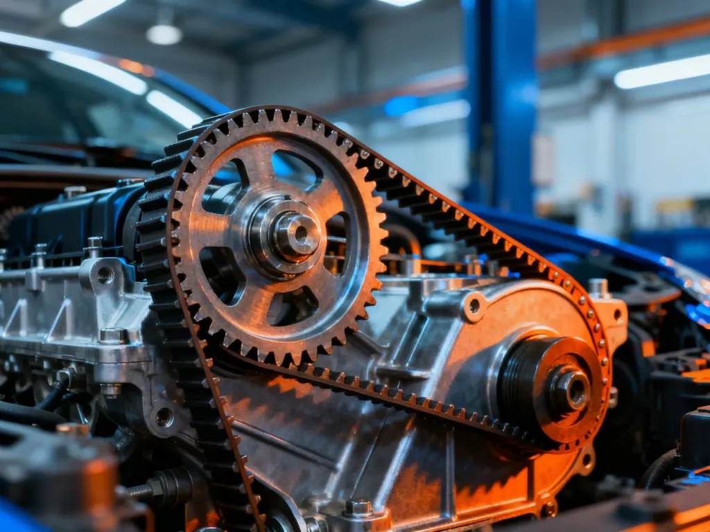 Zbliżenie na precyzyjny mechanizm rozrządu z widocznym paskiem i kołami zębatymi w nowoczesnym silniku samochodowym.