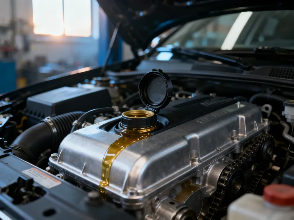 Otwarty wlew oleju w zadbanym silniku Renault Clio 2, podkreślający dbałość o jednostkę napędową.