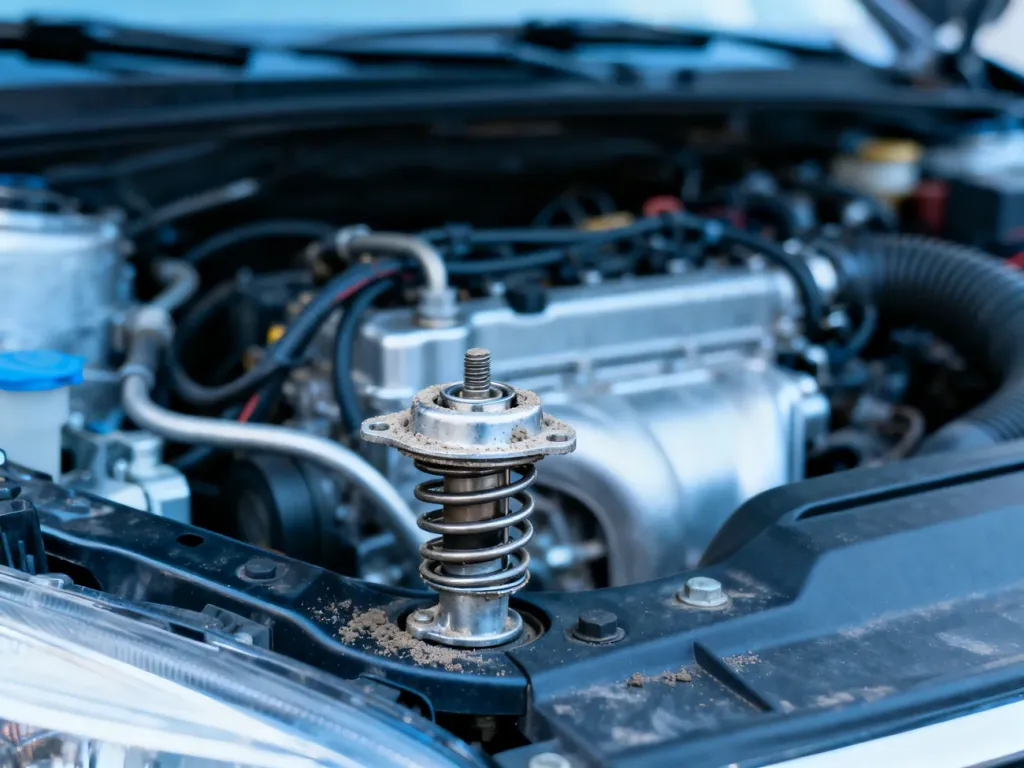 Zbliżenie na obudowę termostatu w silniku 2.0 TDI, wskazujące lokalizację elementu układu chłodzenia.