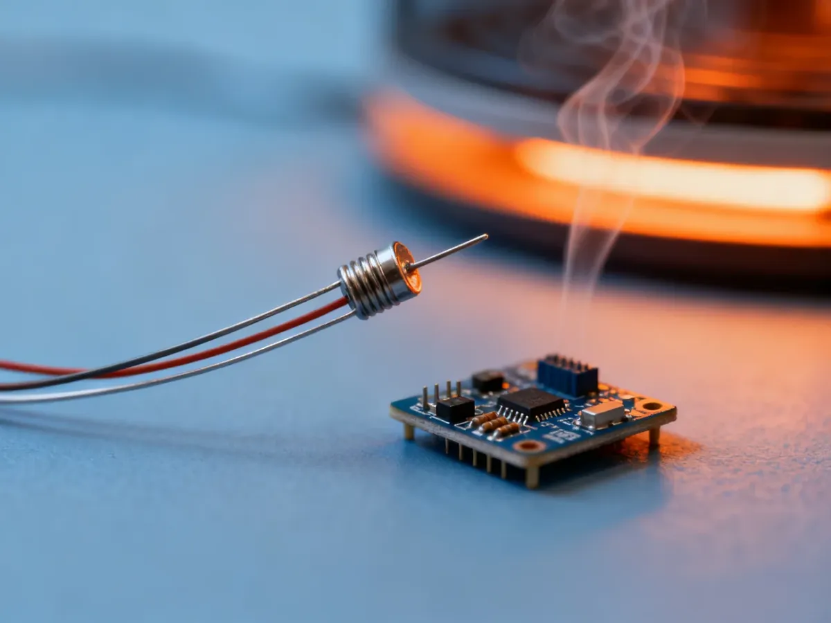 Mały termistor NTC obok prostego układu elektronicznego