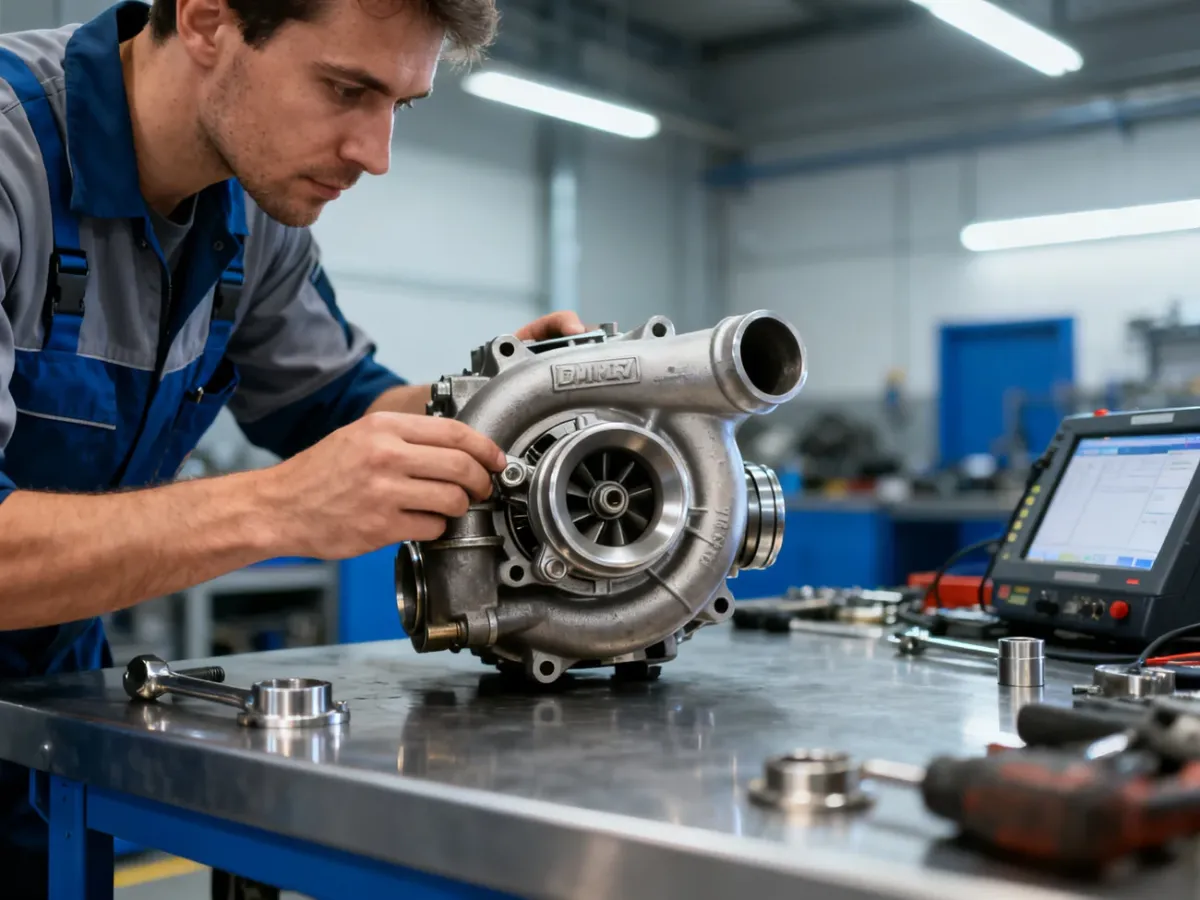Mechanik oceniający rozebraną turbosprężarkę w warsztacie