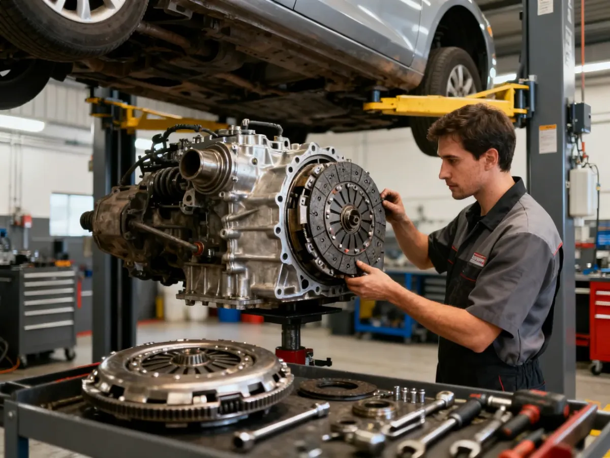 Mechanik wymieniający sprzęgło i koło dwumasowe w samochodzie na podnośniku