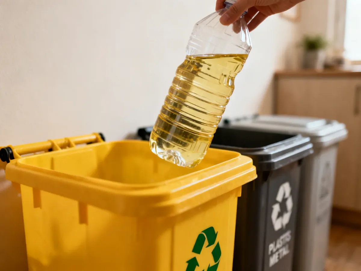 Pusta plastikowa butelka po oleju spożywczym wyrzucana do żółtego pojemnika
