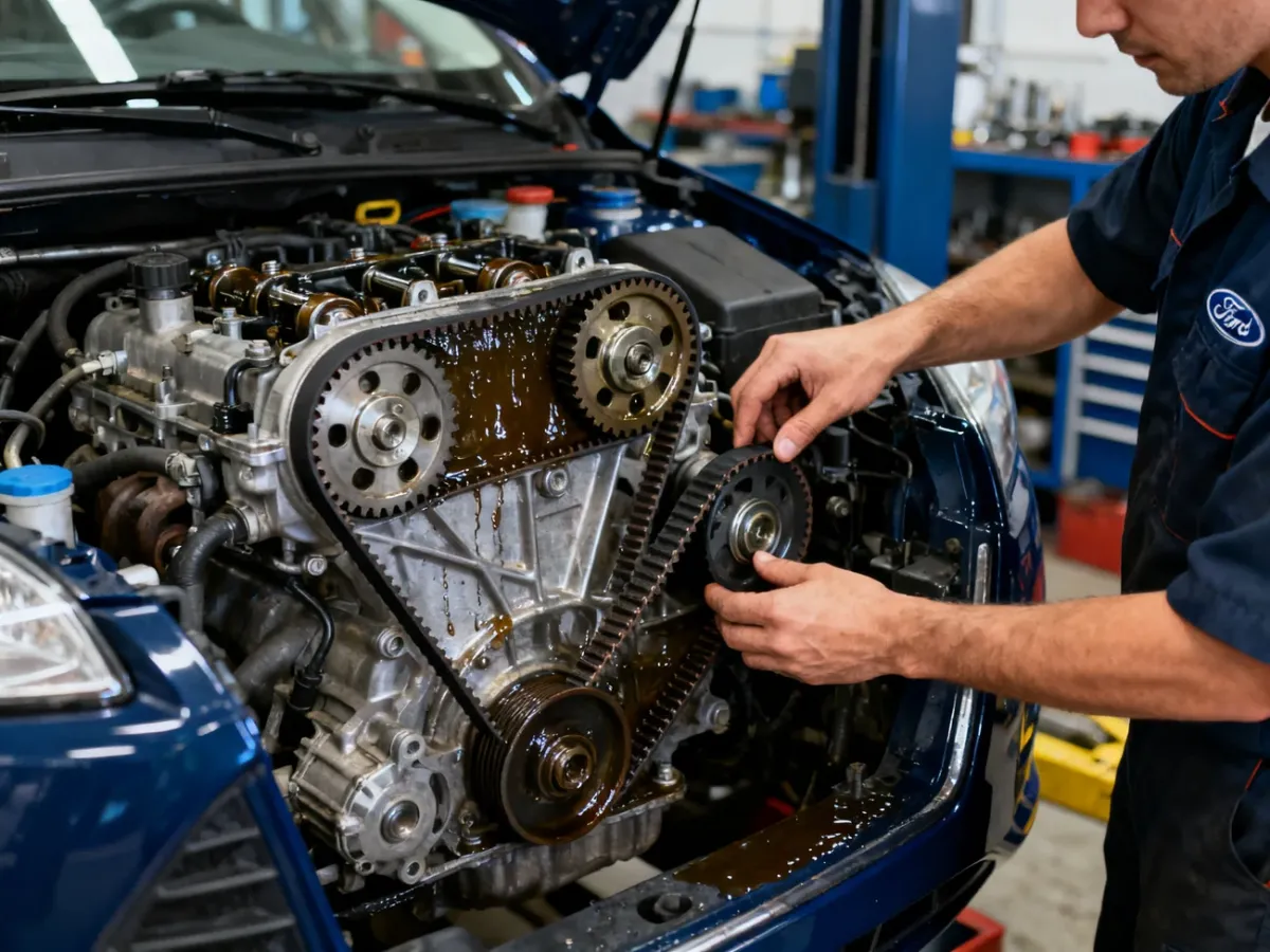 Mechanik sprawdzający mokry pasek rozrządu i pasek napędu pompy oleju w silniku Ford EcoBoost