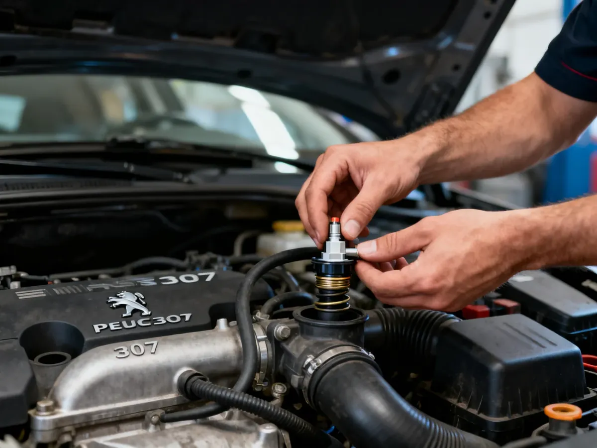 Mechanik sprawdzający czujnik temperatury płynu chłodzącego przy obudowie termostatu silnika Peugeot 307