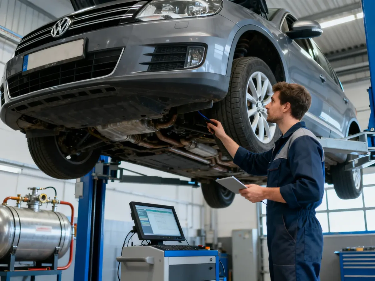 Mechanik sprawdzający samochód osobowy na stacji kontroli pojazdów