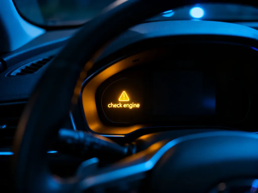 Świecąca na desce rozdzielczej żółta kontrolka „check engine” w nowoczesnym samochodzie podczas jazdy nocą.