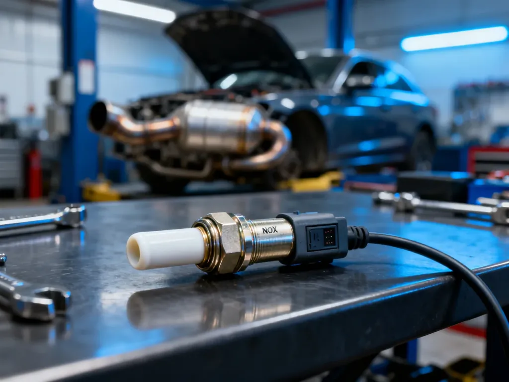 Czujnik NOx leżący na warsztatowym stole, z widoczną ceramiczną końcówką i obudową elektroniczną.