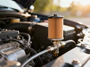 Dłonie mechanika trzymające nową uszczelkę smoka pompy oleju w profesjonalnym warsztacie samochodowym.